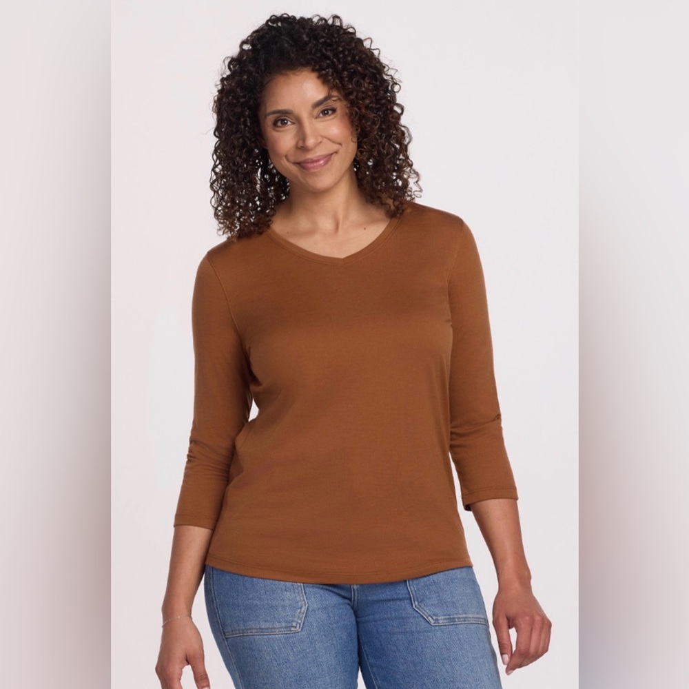 WoolX Elena Merino Wool Womens 3/4 Sleeve V Neck Top Medium Ginger Brown ($100)